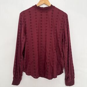 H&M Embroidered Eyelet Blouse Long Sleeve Top Broderie Anglaise Size 8 Maroon